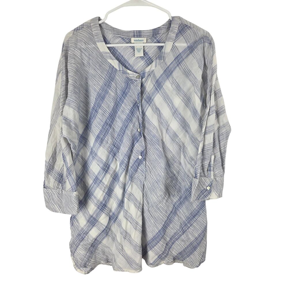 Sundance‎ Popover 3/4 Sleeve Top S Womens Blue White Sheer Cottage Core Blouse